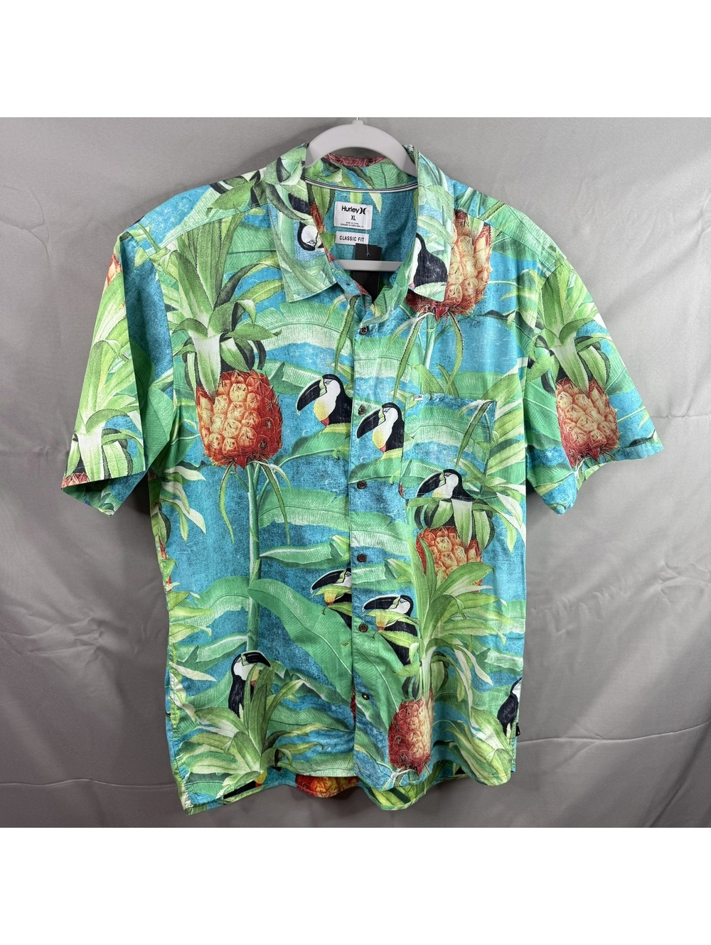 Hurley Mens XL Bird & Pineapple Print Hawaiian Button Up Shirt Short Sleeve